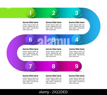 Infografik-Vorlage mit 9 Optionen oder Schritten. Bälle in der Leitung. Kann für Workflow-Layout, Diagramm, Banner und Webdesign verwendet werden. Vektorabbildung Stock Vektor