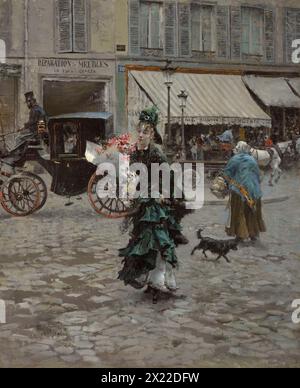 Überqueren Sie Die Straße, 1873-75. Während sich die Figuren in verschiedene Richtungen bewegen, überquert eine elegant gekleidete—und unbegleitete—Frau die Kopfsteinpflasterstraße und zieht die Aufmerksamkeit eines Mannes in einer Kutsche auf sich. In ihrer Eile hat sie ihren Rock hochgezogen und ihren Unterrock freigelegt, was ihren Reiz noch verstärkt. Stockfoto
