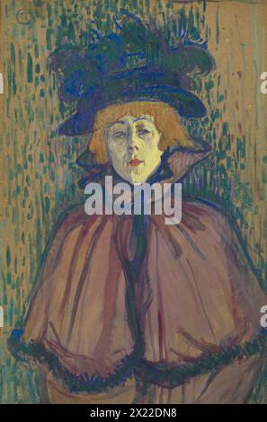 Jane Avril, c1891-92. Jane Avril, eine der Lieblingsmodelle von Toulouse-Lautrec&#x2019;s, war eine berühmte Kabarettistin in Paris. Dieses Porträt lässt jedoch wenig über den energischen Tanzstil vermuten, der ihr den Spitznamen La Melenite (Dynamit) einbrachte. Sie taucht in Straßenkleidung auf, trägt einen flaumenfarbenen umhang und einen extravaganten Hut und blickt seitwärts durch enge Augen. Nur die unnatürlichen Farben ihrer Haare, Haut und Lippen vor dem grünen und indigoblauen Hintergrund deuten auf das schwere Make-up und die raue Beleuchtung hin, in der sie auf der Bühne auftrat. Stockfoto