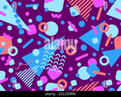 Geometrisches Nahtmuster mit memphis-Elementen im 80s Style. Farbenfrohes geometrisches Muster. Design von Werbeartikeln, Geschenkpapier und Druck Stock Vektor
