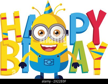 Feiern Sie in skurrilem Stil mit unserer Happy Birthday Minions Style Vektor Illustration Vorlage. Dieses verspielte Kunstwerk zeigt die Lieblingsmeister aller Stock Vektor