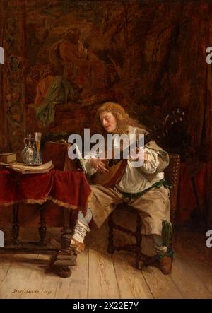 Der Musiker, 1859. Ein Mann in einem aufwendigen Kostüm spielt einen Theorbo, eine Art Laute, während er an einem schweren Holztisch in einem Raum sitzt, der mit Wandteppichen gehängt ist. Stockfoto