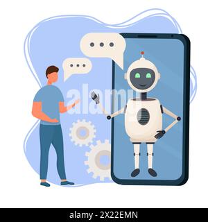 Kunde hat Dialog mit Chat Bot auf dem Smartphone. Mann-Charakter plaudert mit Robot. Künstliche Intelligenz und KI-Chatbot im Marketingkonzept. Vektor-Illustration für das flache Material. Stock Vektor