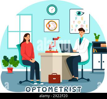 Optometrist Vektor-Illustration mit Ophthalmologe überprüft Patientenblick, optische Augenprüfung und Brillen-Technologie im flachen Zeichentrickhintergrund Stock Vektor