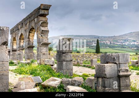 Volubilis, Marokko - 20. März 2024: Touristische Attraktion und römische archäologische Stätte in der Nähe von Meknes. Volubilis, Marokko, ist ein UNESCO-Weltkulturerbe Stockfoto