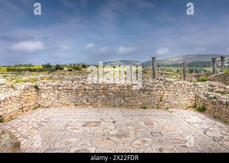 Volubilis, Marokko - 20. März 2024: Touristische Attraktion und römische archäologische Stätte in der Nähe von Meknes. Volubilis, Marokko, ist ein UNESCO-Weltkulturerbe Stockfoto