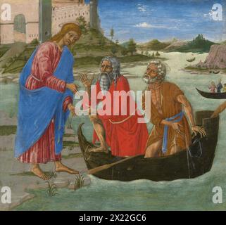 Die Berufung der Heiligen Peter und Andreas, 1470er Jahre Jesus am Ufer des Sees von Galiläa und forderte zwei Fischer, die Brüder Petrus und Andreas, auf, seine Jünger zu werden. Jesus beugt sich vor, um Peter aus dem Boot zu helfen, während Andrew sein Netz beiseite wirft und symbolisch sein altes Leben zurücklässt. Diese Tafel war einst Teil einer Predella, einer Sequenz kleiner Gemälde, die sich unter den Hauptszenen eines Altaraufbaus befand. Stockfoto