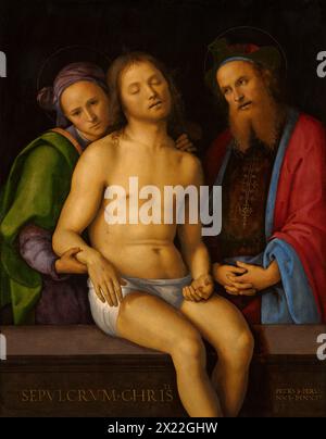 Toter Christus mit Joseph von Arimathäa und Nikodemus (Sepulcrum Christi), um 1494-98. Joseph von Arimathea sieht kontemplativ an, wie ein tränenreicher Nikodemus Christus’s leblose Leiche auf einem Steingrab unterstützt, das in lateinischer Sprache mit dem Namen des Künstlers und dem Thema des Werkes, “Grab Christi, eingeschrieben ist.” trotz seiner blutigen Wunden wird Christus mit einem idealisierten Körper dargestellt, wie der einer klassischen Statue, und einem ruhigen Ausdruck, der auf seinen späteren Triumph über den Tod hindeutet. Stockfoto