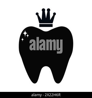 Kreativer Zahn in schwarzer Farbe mit Krone isoliert auf weißem Hintergrund. Zahnmedizin-Logo, Symbol, Icon-Design. Vektorabbildung Stock Vektor