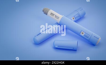 Zwei Dosierungsstifte eines fiktiven Semaglutidmedikaments zur Gewichtsreduktion (Antidiabetikum oder Antiadipöse Medikamente) auf blauem Hintergrund. Stockfoto