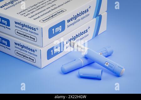 Zwei Packungen eines fiktiven Semaglutid-Medikaments zur Gewichtsreduktion (Antidiabetika oder Anti-Adipositas-Medikament) auf blauem, transparentem Hintergrund. Fictiti Stockfoto