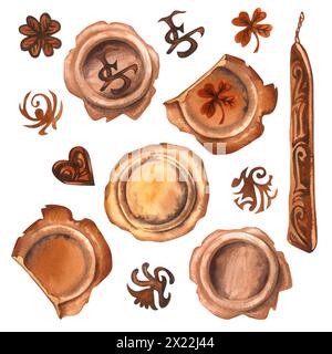 Vintage-Schreibset mit antiken Wachsversiegeln. Aquarellillustration für Einladungs- und Visitenkarten-Design-Vorlagen für Buchtag, Teacher's Day, antik Stockfoto
