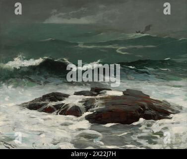 Summer Squall, 1877. Summer Squall wurde von einem plötzlichen Sturm inspiriert, den Homer aus seinem Studio in Prouts Neck, Maine, beobachtete. Dicke weiße Farbstriche deuten darauf hin, dass das schäumende Wasser heftig über und um den flachen Felsen im Vordergrund schwingt, der bei besserem Wetter einer der beliebtesten Angelplätze des Künstlers war. Das einsame Segelboot in der Ferne verstärkt das Drama des Gemäldes und erinnert an den menschlichen Kampf mit den Kräften der Natur. Stockfoto