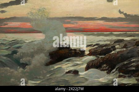 West Point, Prout's Neck, 1900. Meerwasser strömt um massive Felsen, während sich am Horizont leuchtende Farbbänder erstrecken und ein rosafarbenes Licht über den Ozean werfen. „Das Bild wird 15 Minuten nach Sonnenuntergang gemalt, keine Minute zuvor“, schrieb Homer über dieses Werk, das er als eines seiner besten Gemälde betrachtete. Um einen solchen flüchtigen Moment aufzunehmen, so erklärte er, dauerte es „viele Tage sorgfältiger Beobachtung“ von einem bestimmten Punkt entlang der Küste von Maine, in der Nähe seines Ateliers in Prouts Neck. Stockfoto