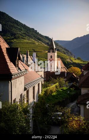 Blick auf die Pfarrkirche Saint Mauritius in Spitze an der Donau, UNESCO-Weltkulturerbe „Wachau Kulturlandschaft“, Niederösterreich, A Stockfoto