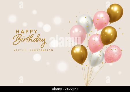 Festliche, realistische Ballons in weiß, Rosa und Gold. Happy Birthday Vorlage, realistische Vektor-Illustration im 3D-Stil Stock Vektor