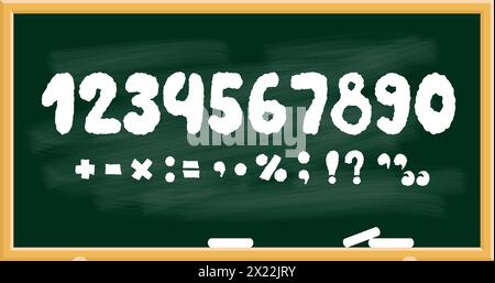 Kreide-Schulgrüntafel mit weiß strukturierten Zahlen und Schildern. Vektorabbildung. Isolierte handgezeichnete Kritzeleien für Design und Dekoration Stock Vektor