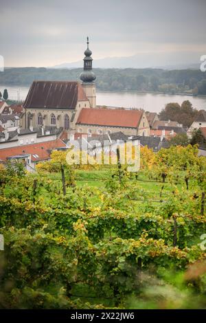 Blick über Weinberge zur Pfarrkirche St. Nikolaus, UNESCO-Weltkulturerbe „Wachau Kulturlandschaft“, Steinviertel in der Nähe von Krem Stockfoto