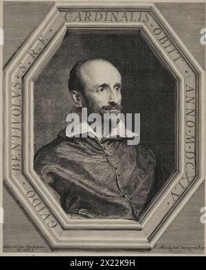 Kardinal Bentivoglio, 1645-1650. Büstenporträt des Kardinals Guido Bentivoglio d’Aragona (1579–1644), das ihn leicht nach rechts gedreht zeigt, mit kurzen Haaren, Schnurrbart und Bart, mit flachem Kragen und geknöpftem Mantel und in einem achteckigen Rahmen. Bentivoglio, ein Patron der Künste und erfahrener päpstlicher Diplomat, war dennoch berüchtigt als einer der Unterzeichner der päpstlichen Verurteilung seines ehemaligen Freundes Galileo von 1633. Stockfoto