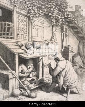 Der Schuster, 1671. Ein Bauer, der Pfeife raucht, während er entspannt mit einem Schuster spricht, der auf der Arbeit ist, während dessen Hund auf dem Dach seiner Hütte zusammengerollt ist. Links ist ein Besen und rechts eine Wasserpumpe abgebildet. Stockfoto