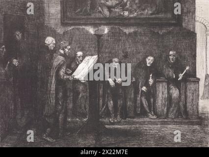 Les chantres Espagnols - Le Lutre (die spanischen Kantoren oder das Rednerpult), 1865. Eine Gruppe spanischer Kantoren &#x2013; Gebetsleiter &#x2013; sitzen zusammen in einem Kloster. Sie scheinen zu Proben, während zwei Mönche am Rednerpult stehen und aus einem großen Buch lesen &#x2013; möglicherweise die Kopie der Evangelien - während die anderen in Bänken sitzen und Kerzenleuchter halten. Stockfoto