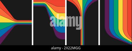 Gestreiftes Retro-Poster in Regenbogenfarben. Geometrische Hippie-Regenbögen auf Abzügen. Vintage Hippie-Style mit verschiedenen abstrakten, irisierenden Streifen. Trendige, minimalistische y2k farbenfrohe Spektrumvektorkunst Stock Vektor
