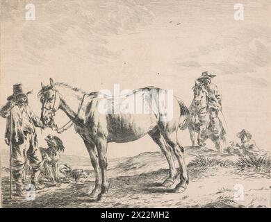 Pferd, Bauer, Mann und zwei Hunde, 1651. Aus einer Serie von zwölf Pferden, die eine ländliche Szene darstellen, die wahrscheinlich mit der Jagd zusammenhängt. Stockfoto