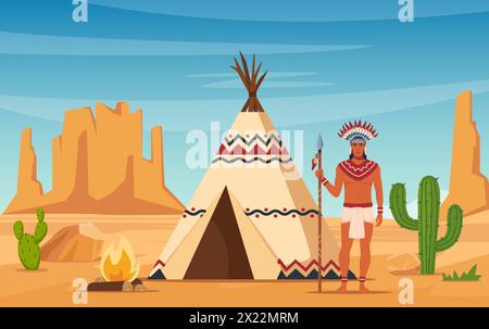Indianische Ureinwohner in traditionellen ethnischen Kleidern mit Federn im Kopf, die in der Nähe von Tipi oder Wigwam stehen Stock Vektor