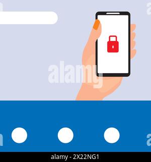 Ein Banner mit einer Hand, die ein Smartphone mit einem Vorhängeschloss auf dem Bildschirm hält Stock Vektor