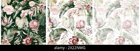 Tropisches Aquarellmuster mit Blumenmuster. Stockfoto