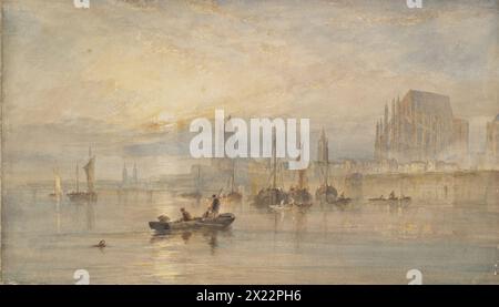 Hafen bei Sonnenuntergang, 1820er Jahre Sie zeigen zahlreiche Boote auf ruhigen Gewässern, die im goldenen Licht der untergehenden Sonne getaucht sind. Im Hintergrund befindet sich ein Stadtbild mit zwei prominenten Kirchenbauten, die an seine aufwendigen architektonischen Zeichnungen erinnern. Stockfoto