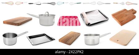 Whisks und andere Küchenutensilien isoliert auf weiß, Sammlung Stockfoto