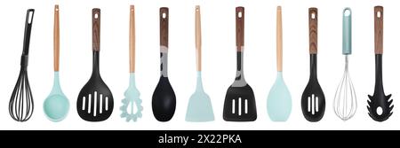 Whisks und andere Küchenutensilien isoliert auf weiß, Sammlung Stockfoto