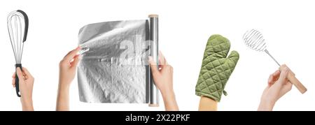 Frauen mit Schneebesen und anderen Küchenutensilien isoliert auf weiß, Sammlung von Fotos Stockfoto