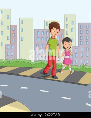 Nettes Mädchen und Junge, die auf dem Fußweg gehen, Hände in Händen halten Vektor-Illustration Stock Vektor