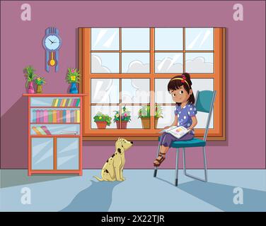 Niedliches Mädchen, das auf dem Stuhl sitzt und Buch liest, während der Welpe auf ihre Vektor-Illustration schaut Stock Vektor
