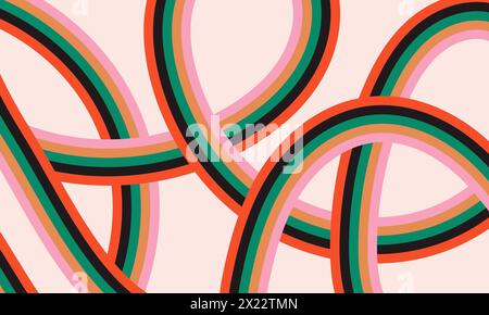 Retro-grooviger abstrakter Hintergrund. Mehrfarbige Kurvenstreifen auf hellrosa Hintergrund. Vintage-Vektor-Hintergrund im Hippie-Stil der 60-70er Jahre. Handgezeichnet Stock Vektor