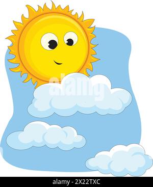 Niedliche lächelnde Sonne und Wolken Vektor-Illustration Stock Vektor