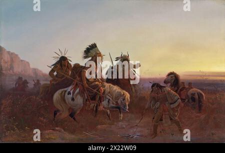 The Lost Trail, 1856. Eine Gruppe indischer Krieger zu Pferd auf der Suche nach der Spur eines Feindes in einer der Canyons des unteren Missouri River bei Sonnenaufgang. Stockfoto