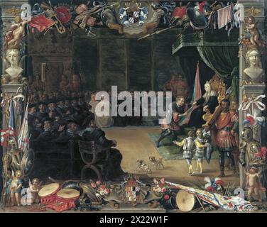 Die Präsentation der Baton des Hauptmanns an Antonio Moncada durch den königlichen Regenten Blanca von Sizilien 1410, 1664. Wie in der vorherigen Szene finden die Ereignisse in einem Innenraum statt, aber hier wird das feierliche Ereignis von einer großen Gruppe von Prälaten und anderen Würdenträgern beobachtet, die sich vor dem Thron der Königin versammelt haben. In diesem Fall schmückte Van Kessel seine Grenze mit Putten und zahlreichen kriegsbezogenen Gegenständen und Instrumenten, darunter Wappen, Lanzen, Schwerter, Pfeile und Normen. sowie verschiedene militärische Musikinstrumente wie Trommeln und Trompeten. Van Kessel hat die Szenen im Rahmen der dargestellt Stockfoto