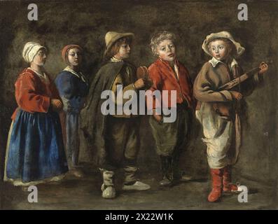 Die Jungen Musiker, 1640. Diese Art der Malerei einer Gruppe von Kindern ist häufig in der Arbeit von Antoine Le Nain. Diese kleinformatigen Gemälde zeigen singende oder spielende Kinder in einfachen Kompositionen wie der vorliegenden. Hier sind die Figuren, die alle stehen, fast geradlinig angeordnet, wobei die drei Knaben etwas weiter vorne die Mitte und die rechte Hälfte der Komposition einnehmen. Zwei von ihnen spielen ein kleines Tambourin und ein Saiteninstrument, während der eine in der Mitte singt. Etwas hinter ihnen und links sind zwei Mädchen. Die Grautöne, Stockfoto