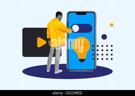Sketch Bild Artwork Collage von Ganzkörperfoto junger Mann verwenden riesiges Telefon Touchscreen Surfen in sozialen Medien Idee Glühlampe schalten Sie den Arbeitsbereich ein Stockfoto