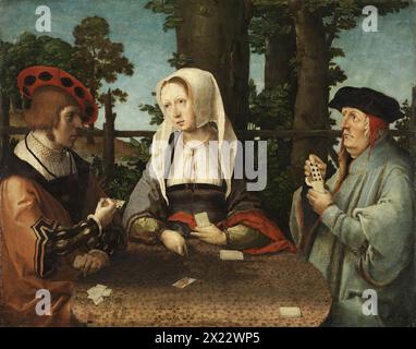 Die Kartenspieler, 1520. Eine Frau, flankiert von zwei Männern, die um einen runden Tisch sitzen, der den Vordergrund des Gemäldes besetzt. Auf der Tischplatte, auf der sich ein Druck von Fleurs-de-Lys befindet, befinden sich eine Reihe kleiner Stapel Karten und Geldstapel. Die Frau, frontal positioniert, zeigt auf den Pik-Buben, während der junge Mann links den Pik-König in der Hand hat und den anderen Mann ansieht, der ihm die Pik-Acht zeigt. Die Szene findet in einem Außenbereich statt, das eine begrenzte Anzahl von Elementen enthält, darunter einen Baumstamm, einen rustikalen Zaun und einen Bereich mit blauem Himmel. Es wurde vorgeschlagen Stockfoto