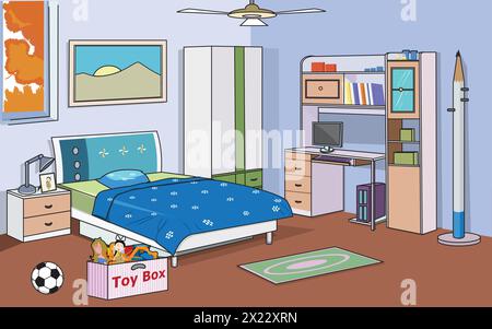 Vektorillustration zeigt Bett, Almirah, Spielzeug, Landschaft, Ventilator, usw. Stock Vektor