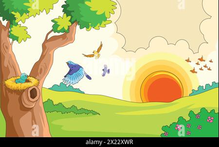 Vektor-Vektor-Illustration, die fliegende Vögel, Sonne und Baum zeigt Stock Vektor