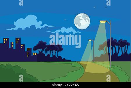 Vektor-Vektor-Illustration, die eine schöne Nachtansicht mit Mond, Wolken, Gebäuden und Straßenlaternen zeigt Stock Vektor