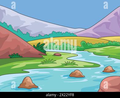 Vektorgrafik, die einen Wasserstrom, Steine, Gras und Berge zeigt Stock Vektor