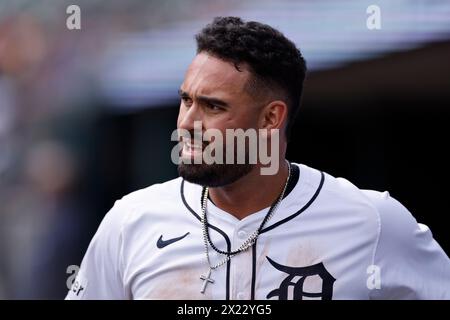 DETROIT, MI – 18. APRIL: Der Outfielderin Riley Greene aus Detroit Tigers (31) sieht am 18. April 2024 im Comerica Park in Detroit, Michigan, während eines MLB-Spiels gegen die Texas Rangers an. (Foto: Joe Robbins/Image of Sport) Stockfoto