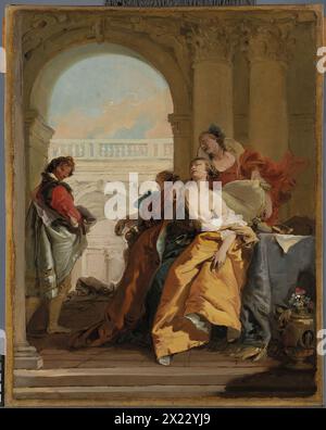 Der Tod von Sophonisba, 1760. Sophonisba, die von 235 bis 203 v. Chr. lebte, war Königin von Numidien und Tochter des karthagischen Generals Hasdrubal. Sie heiratete einen der numidischen Häuptlinge, Syphax, einen Verbündeten Roms, konnte ihn jedoch von seinen Verpflichtungen in der Republik abbringen. Syphax wurde in der Schlacht von Utica von Masinissa besiegt, einem weiteren numidischen Häuptling, den Sophonisba heiratete, der mit ihm vor ihrer Heirat mit Syphax verlobt war. Aus Sorge, dass diese neue union auch zum Abgang eines Verbündeten von römischer Seite führen würde, befahl Scipio Africanus Masinissa, Sophonis zu übergeben Stockfoto