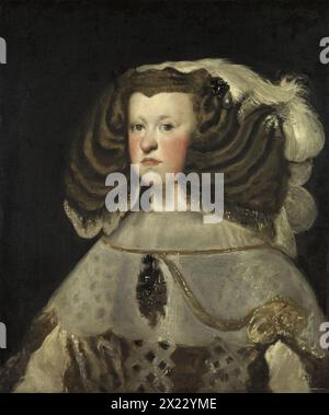 Porträt Mariana von Österreich, Königin von Spanien, 1655. Mariana von Österreich, Tochter des Kaisers Ferdinand III. Und Maria von Ungarn, wurde 1634 in Wien geboren. Als Ehefrau ihres Cousins Prinz Baltasar Carlos, der 1646 starb, heiratete sie seinen Onkel Philipp IV. Von Spanien. Das Thema dieser Ehe war die Infantin Margarita, Prinz Felipe PR&#xf3;spero und Prinz Charles, der spätere Karl II. Stockfoto